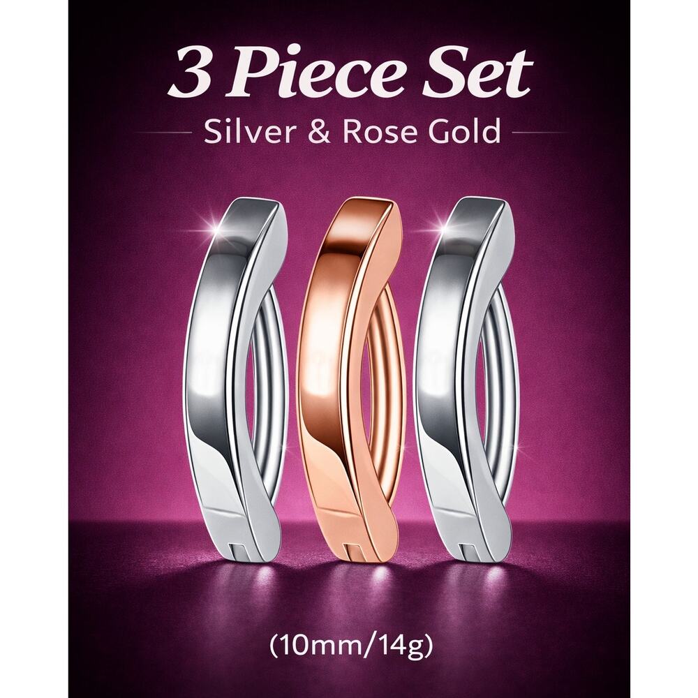 3 Pcs Silver & Rose Gold 10mm Hypo Reverse Curve Clicker Belly Button Rings 14g